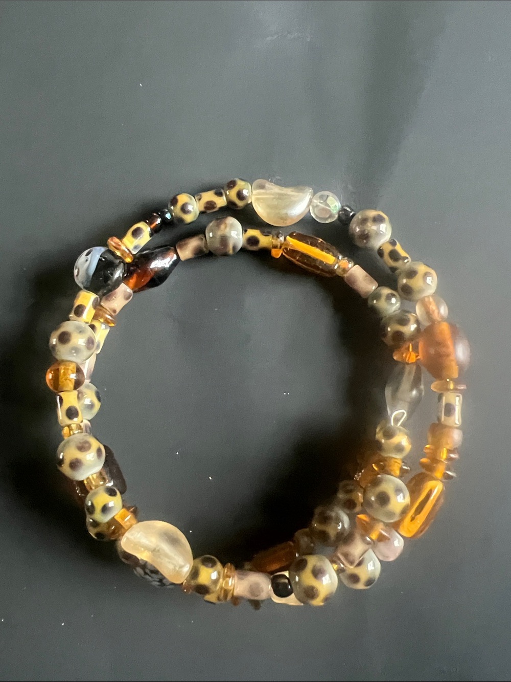 Handmade Amber and Leopard Bead Coil Bracelet - Unbranded